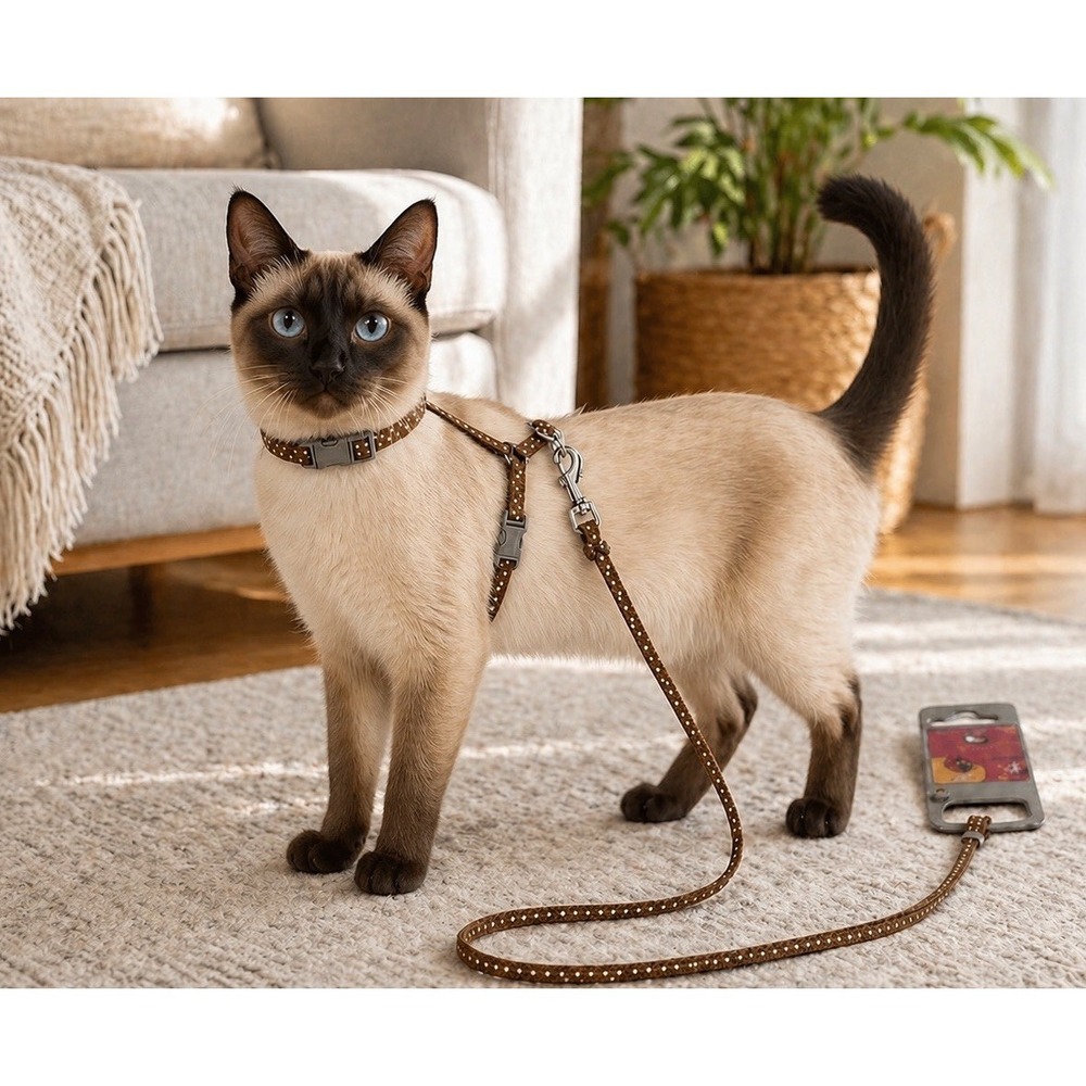 Hand In Hand Cat Harness Leash Set Small Brown Polka Dot Adjustable NEW